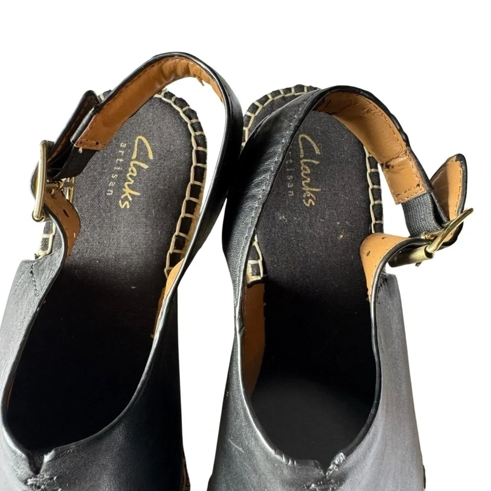 Clark’s - Artisan Black Leather Espadrille Wedge Sandals Sz 9